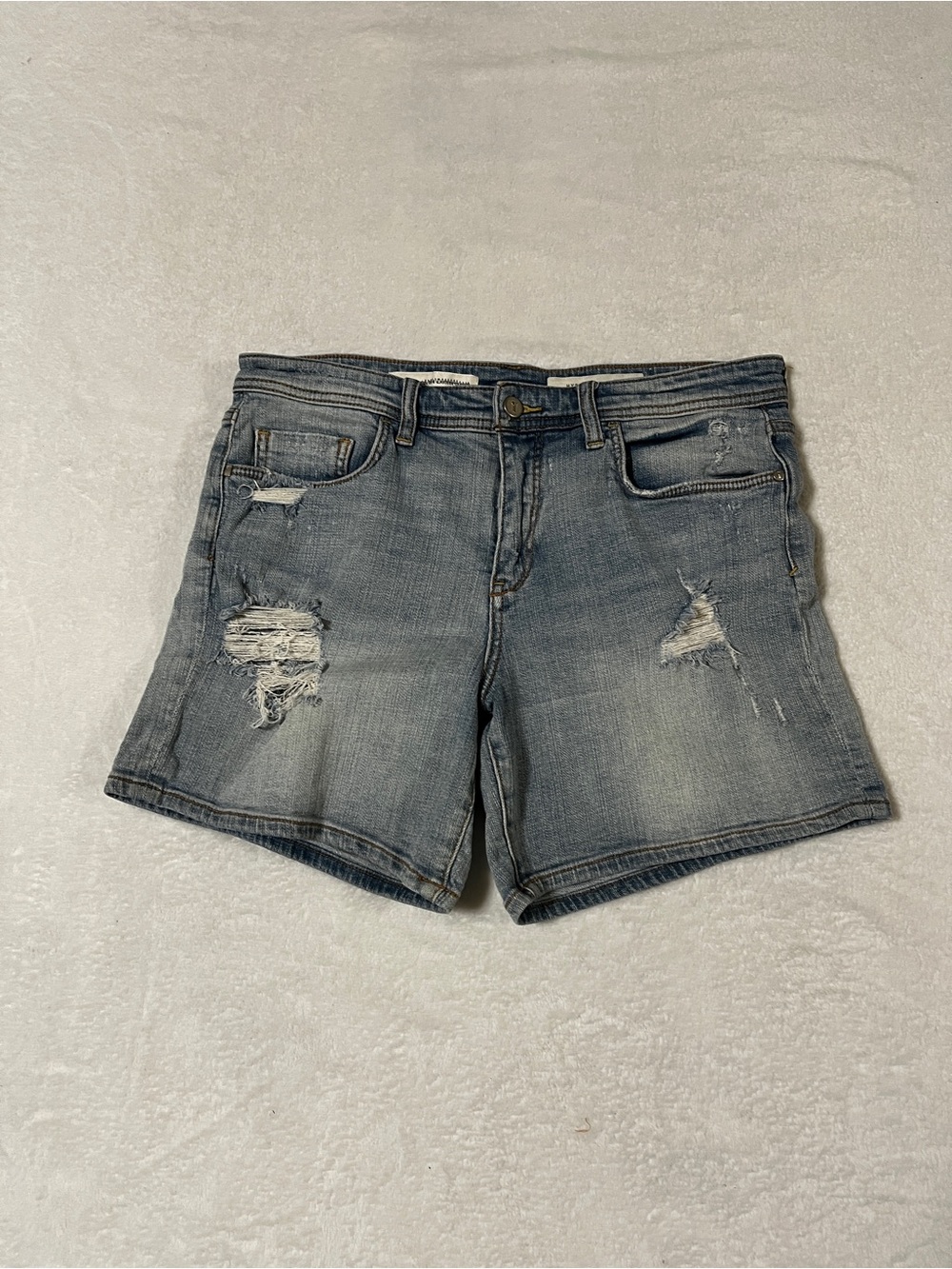 Pilcro and the Letterpress Hyphen Distressed Denim Shorts Light Blue Faded Wash